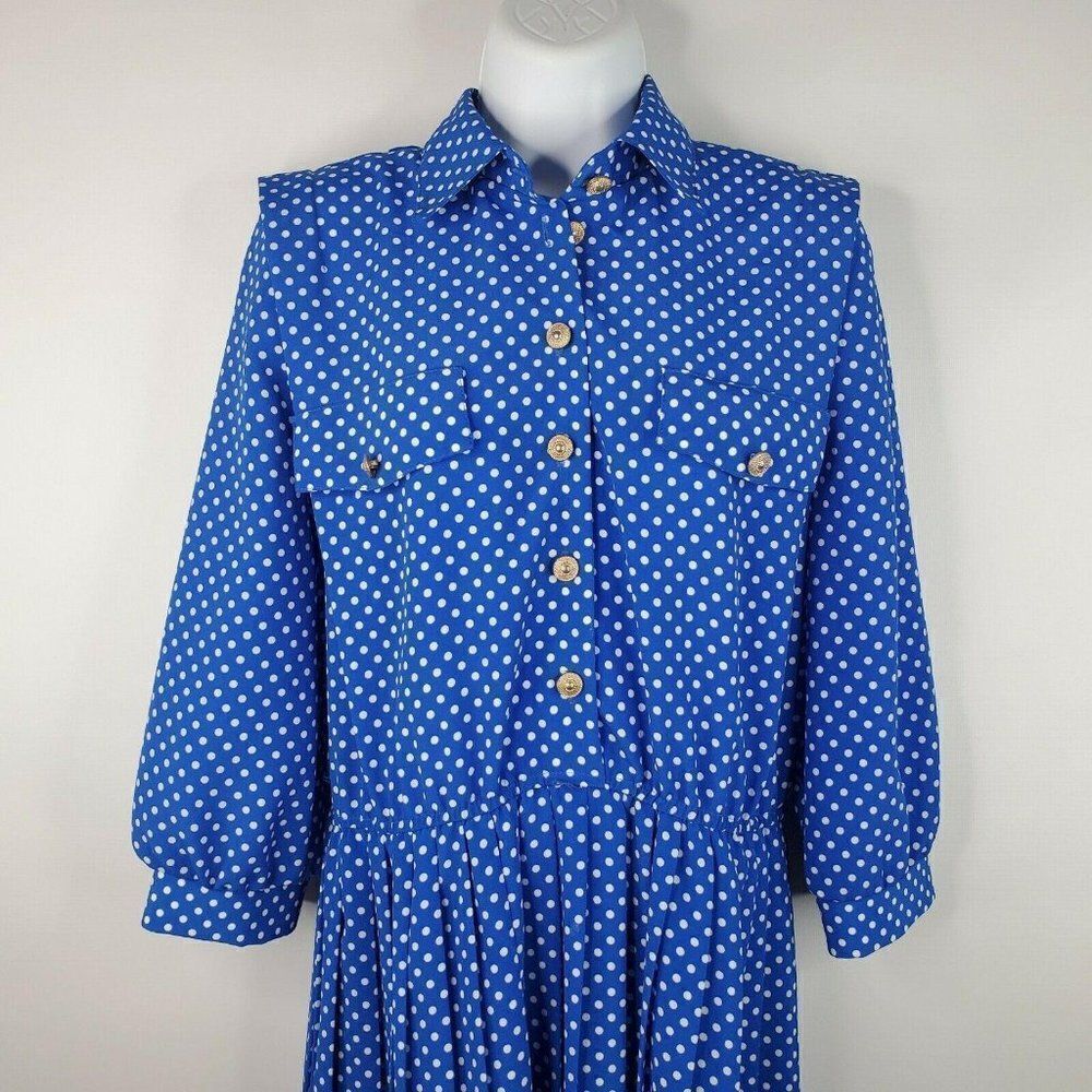 Vintage 80s Lady Carol Secretary Blue Dress Polyester Size 6 P Polka Dot